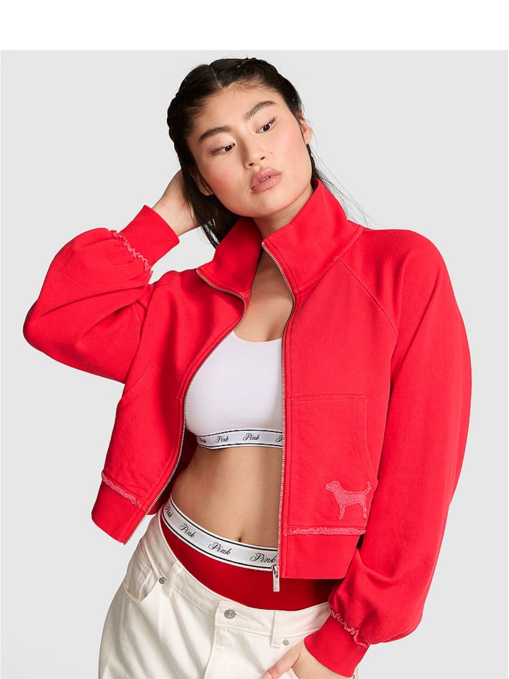 PINK Victoria's Secret Bright Red Cropped Bomber Jacket